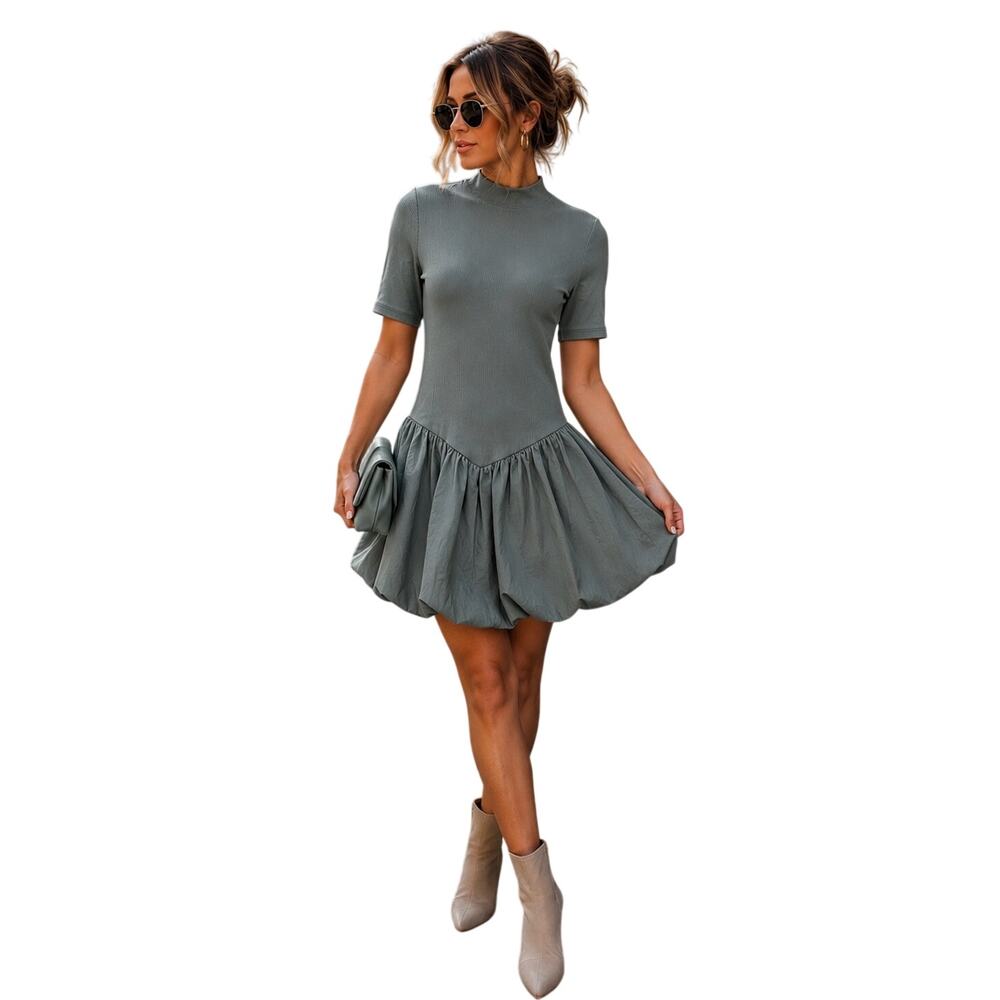 Steve Madden blue green mock neck mini dress with a bubble hem NWT Small